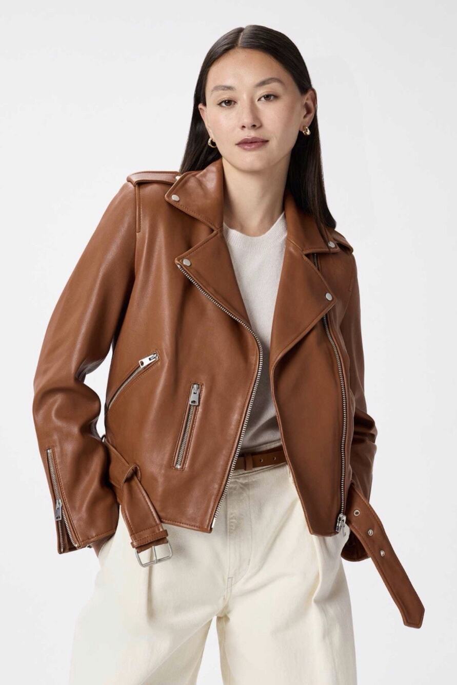NWT Quince 100% Sheep Leather Motorcycle Jacket •XS• Cognac Brown Biker $200